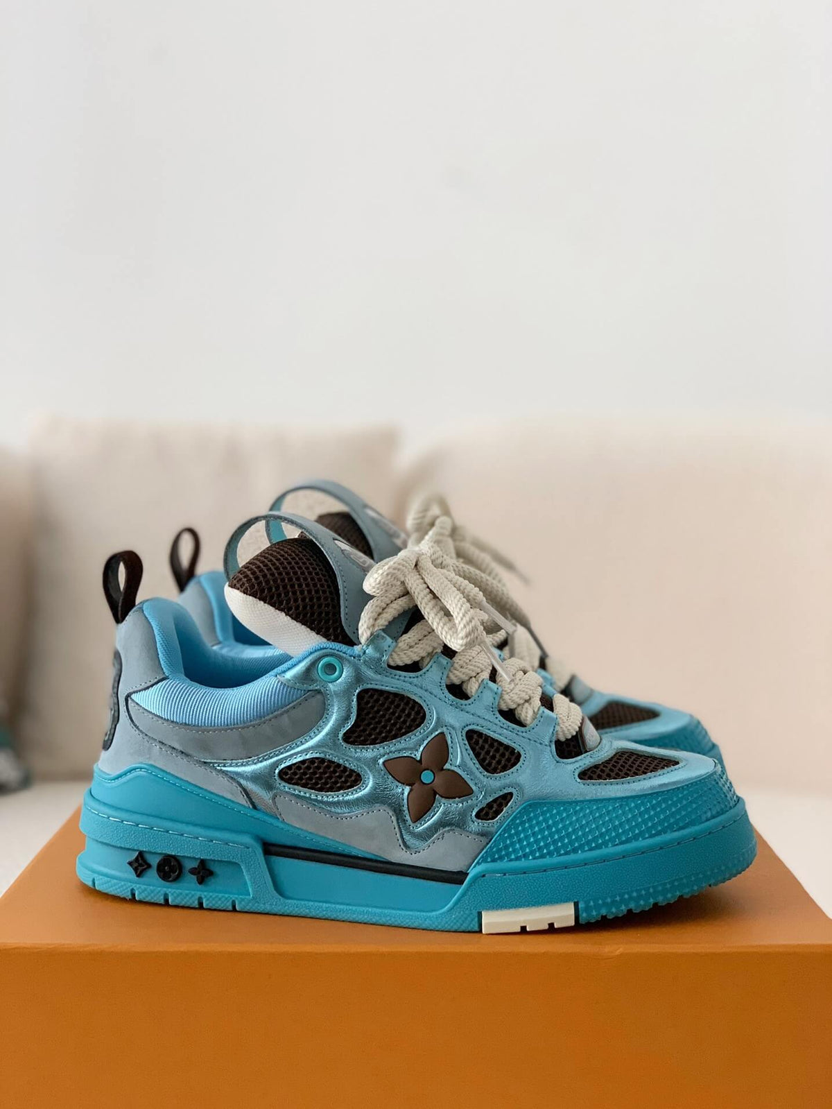 Louis Vuitton LV Skate Sneaker – Light Blue Metallic & Brown Mesh
