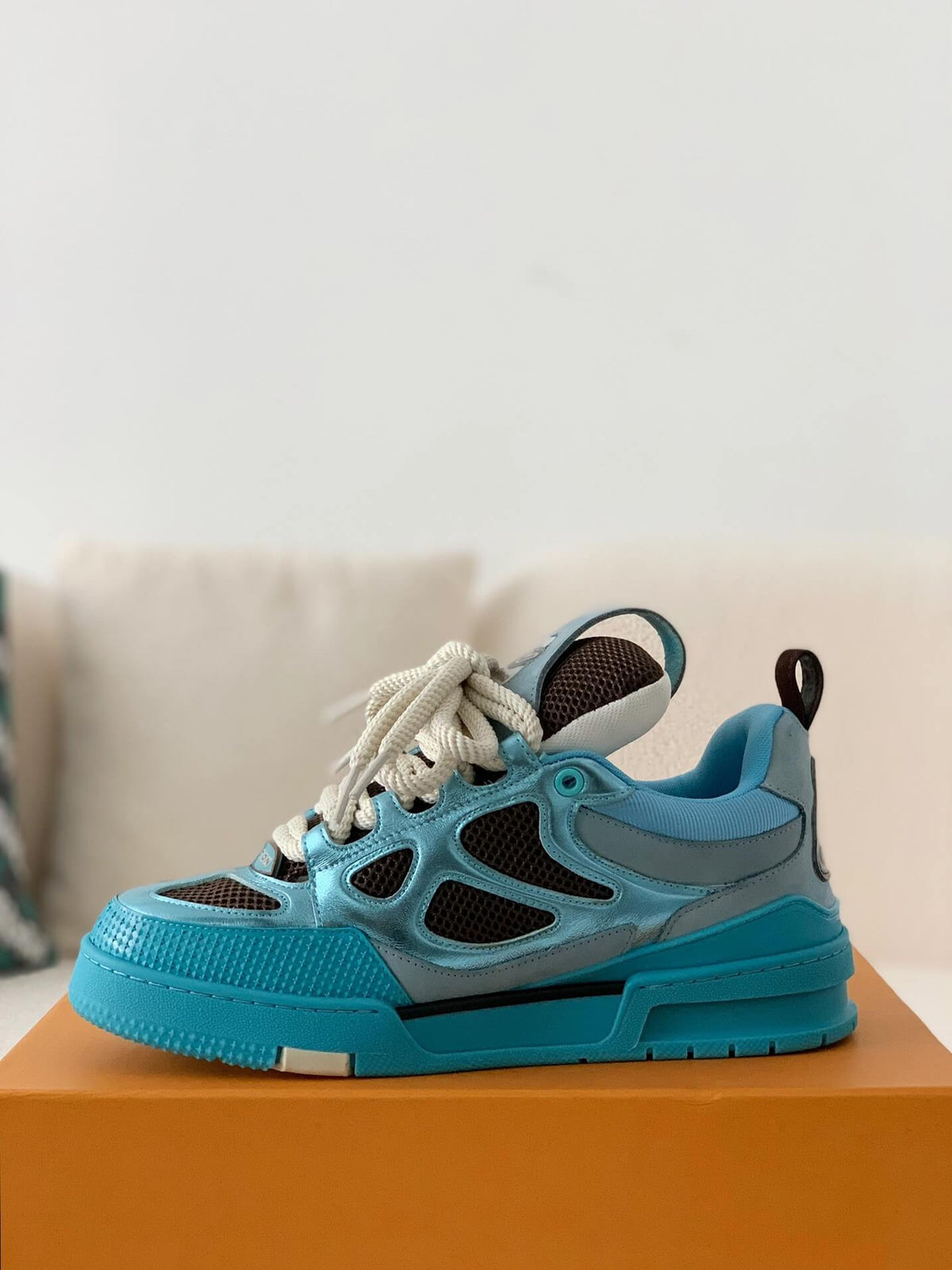 Louis Vuitton LV Skate Sneaker – Light Blue Metallic & Brown Mesh