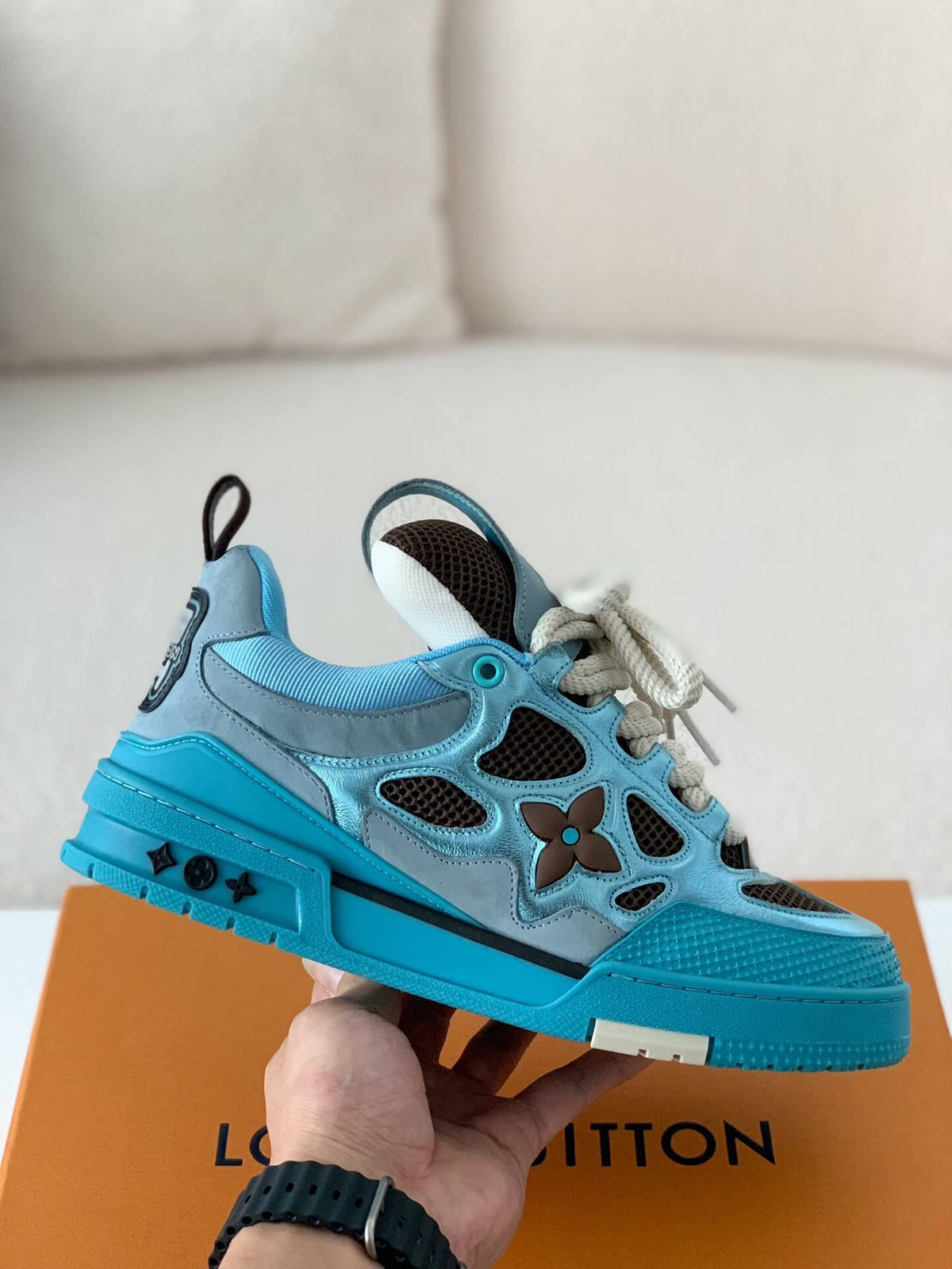 Louis Vuitton LV Skate Sneaker – Light Blue Metallic & Brown Mesh