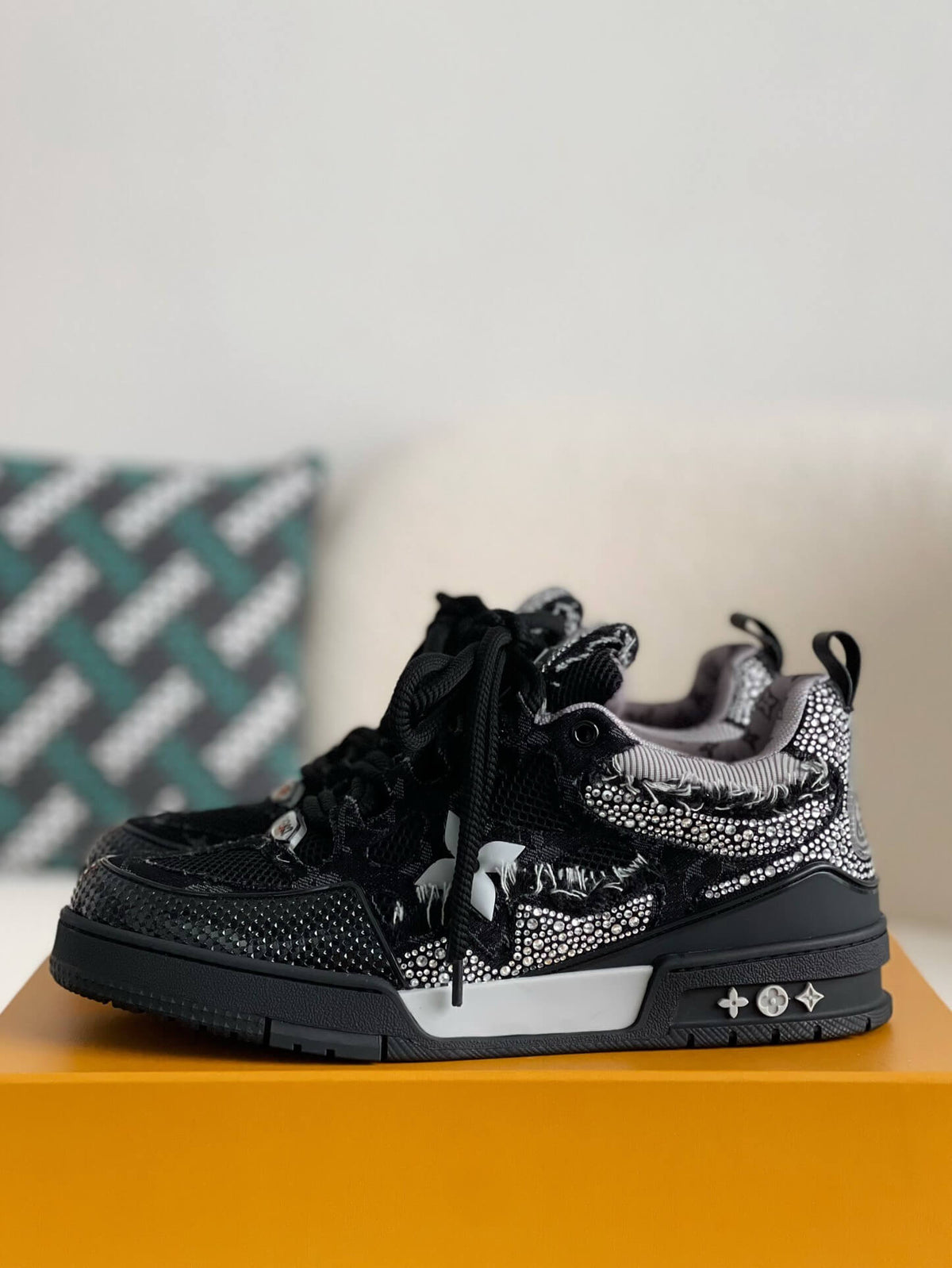 Louis Vuitton LV Skate Sneaker – Black Mesh with Strass Embellishments